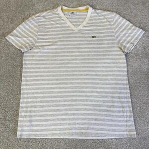 Lacoste Women's V Neck Stripe T-Shirt Size 6 Green White